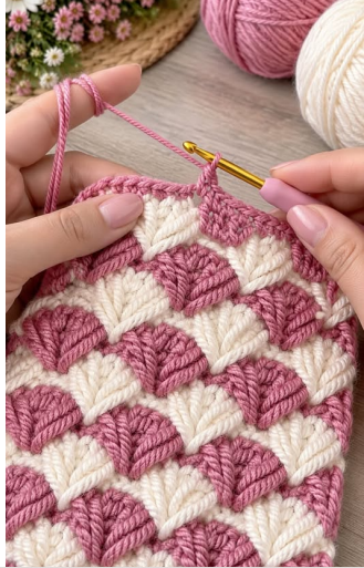 Pink & Cream Shell Stitch
